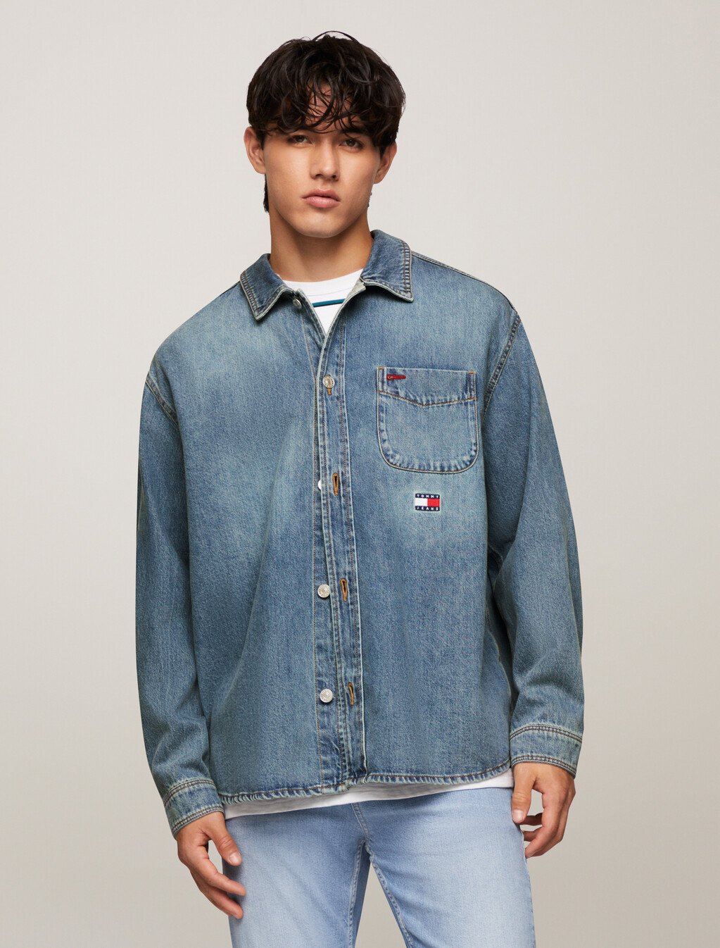 Hooded Denim Shacket, Denim Medium, hi-res