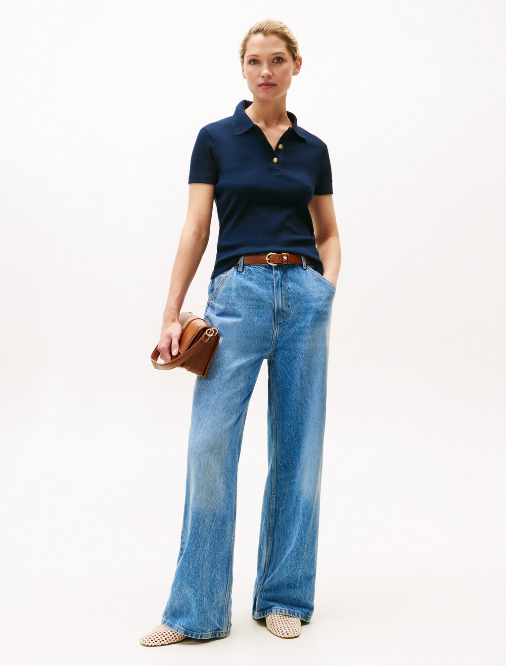 Gold-Tone Button Slim Polo Shirt, Dark Night Navy, hi-res