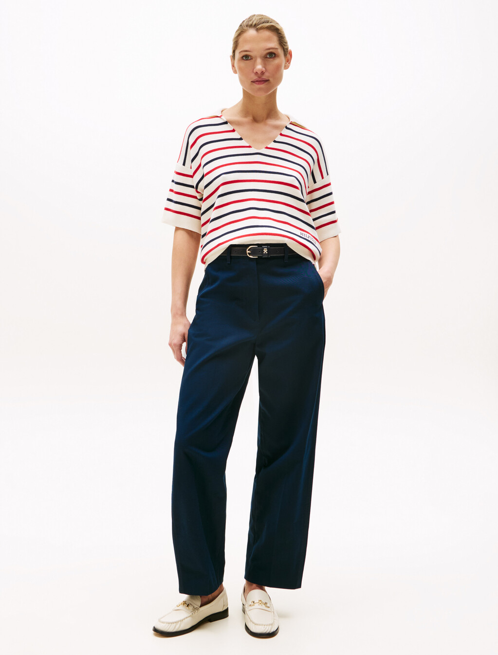 Stripe Short Sleeve Polo Jumper, Ivory Petal/Rwb Stp, hi-res
