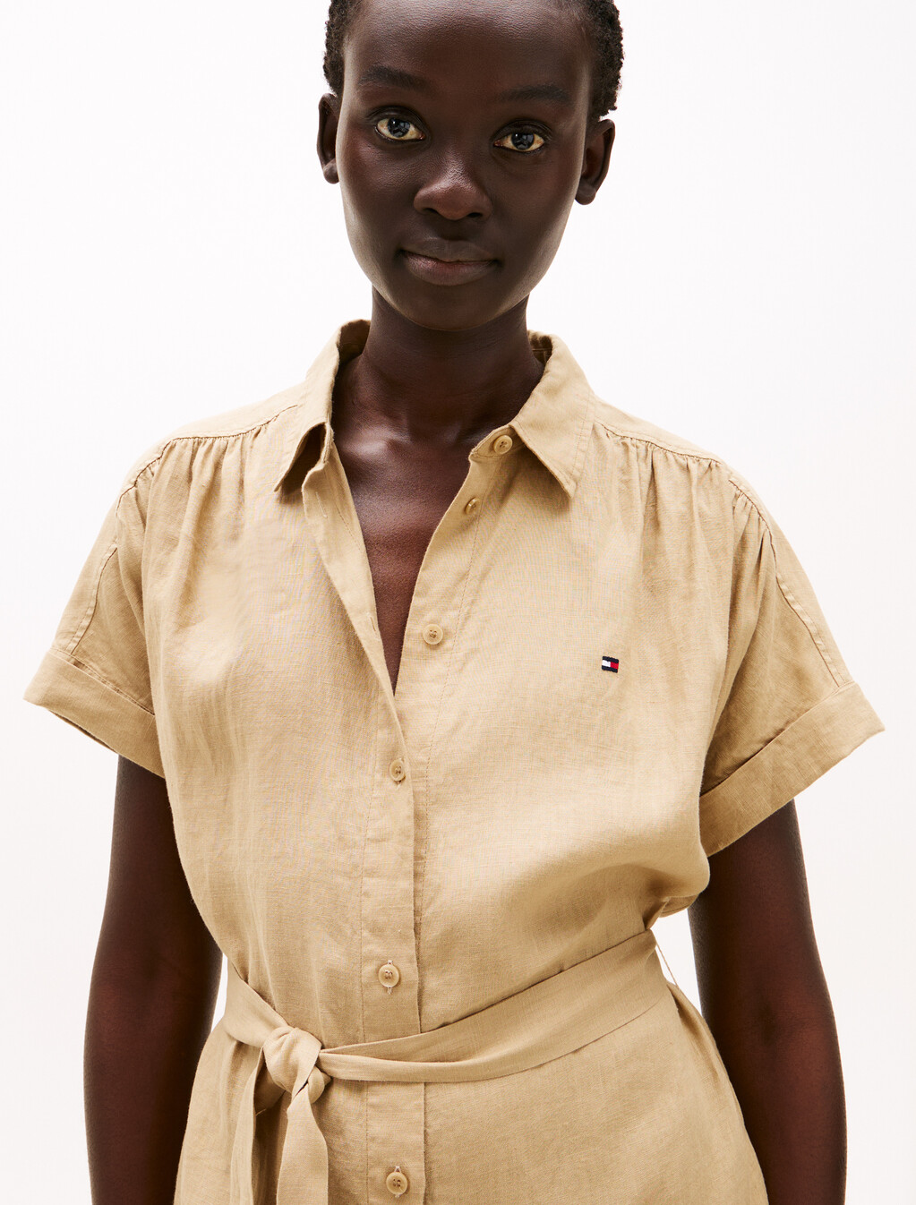 純亞麻中長襯衫連身裙, Camel, hi-res