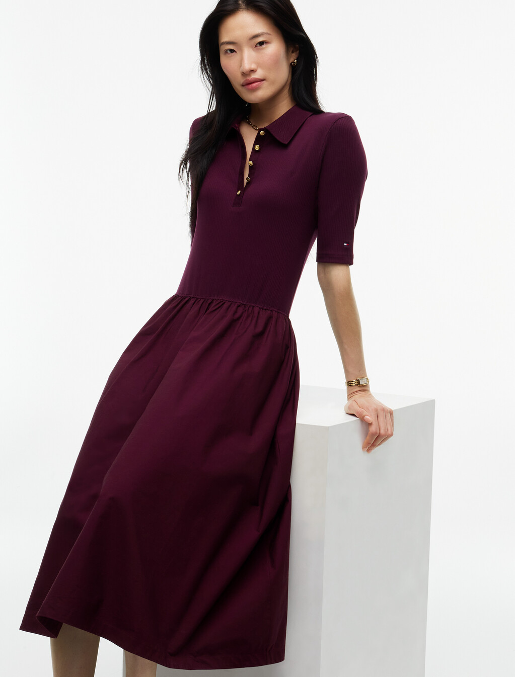 Midi Fit And Flare Polo Dress, Deep Burgundy, hi-res