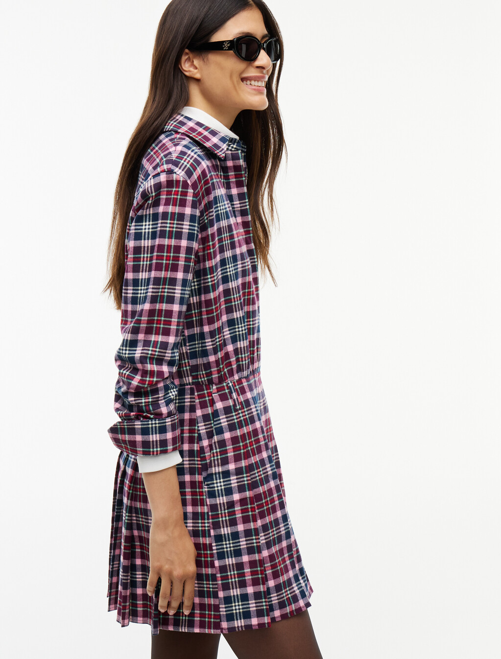 Pleated Mini Shirt Dress, Multi Check, hi-res