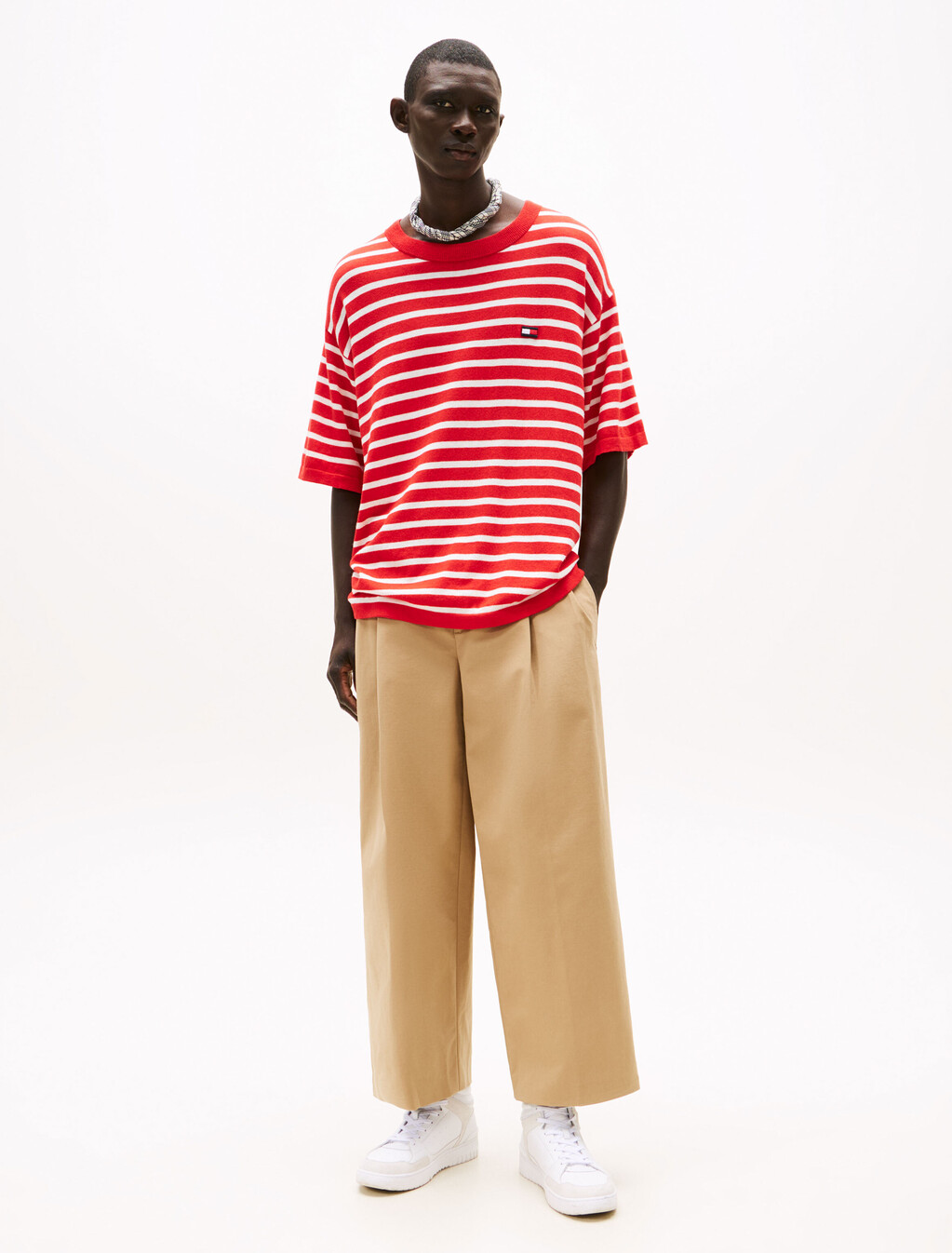 The Runway 系列山羊絨條紋 T 恤, Fire Red / Ecru Stripe, hi-res