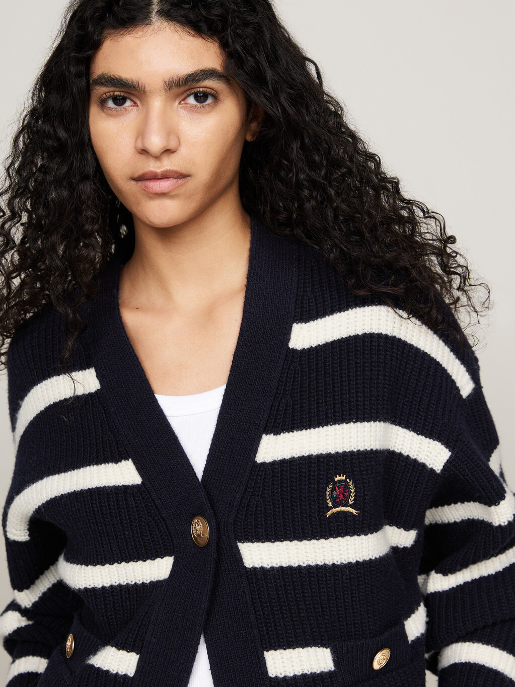 Crest Breton Stripe Pure Wool Cardigan, Desert Sky, hi-res