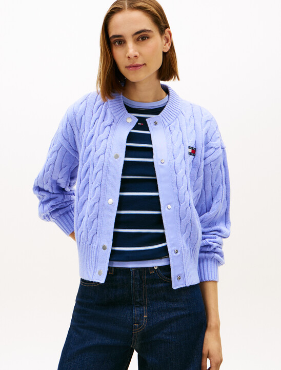 Flag Badge Cable Knit Cardigan, Vintage Iris Flag Badge Cable Knit Cardigan