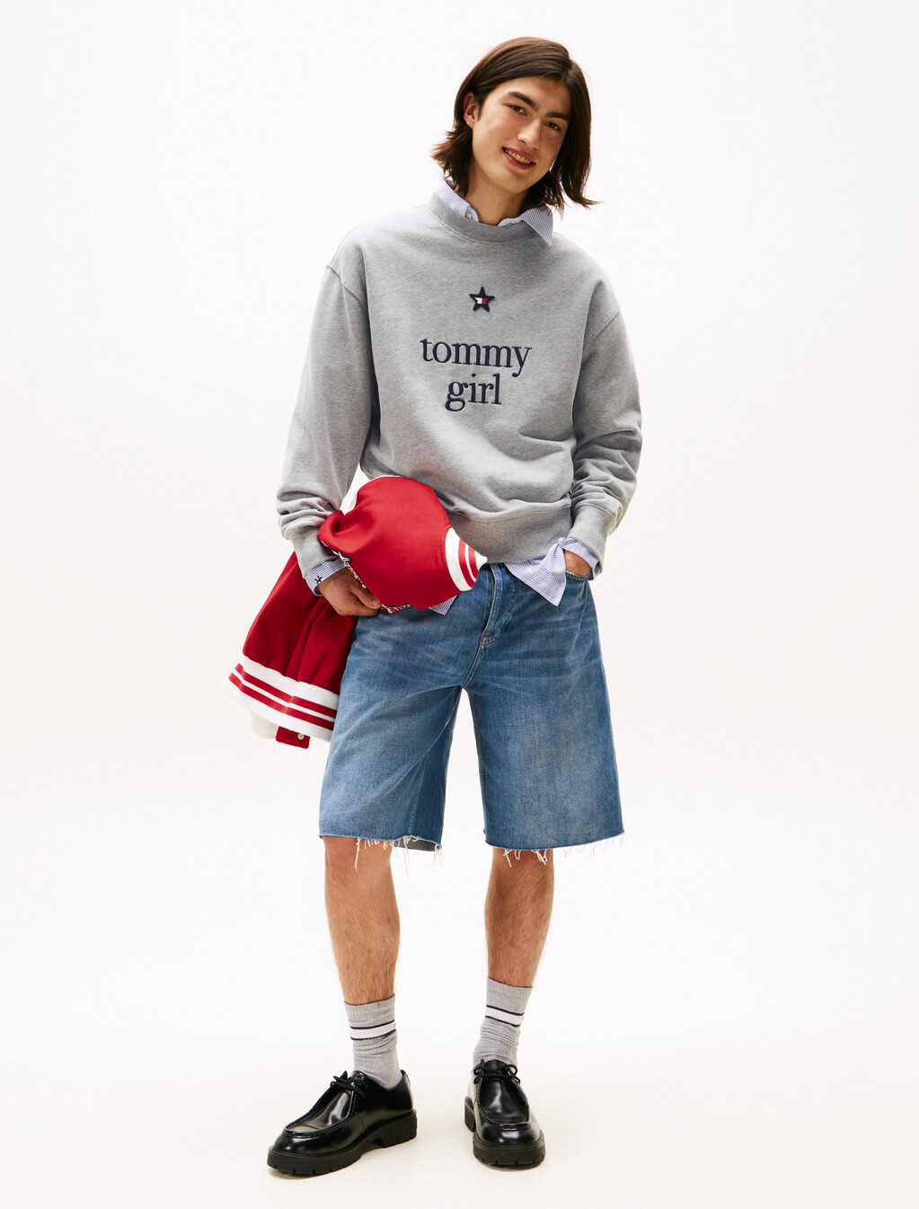 Tommy Girl 印花圖案寬鬆衛衣, Light Grey Marl, hi-res