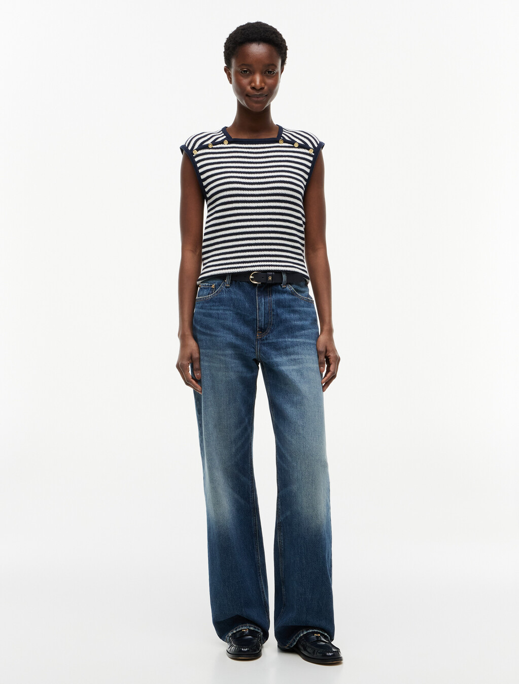Gold-Tone Button Square Neck Top, Ivory Petal/Dark N Navy Stp, hi-res