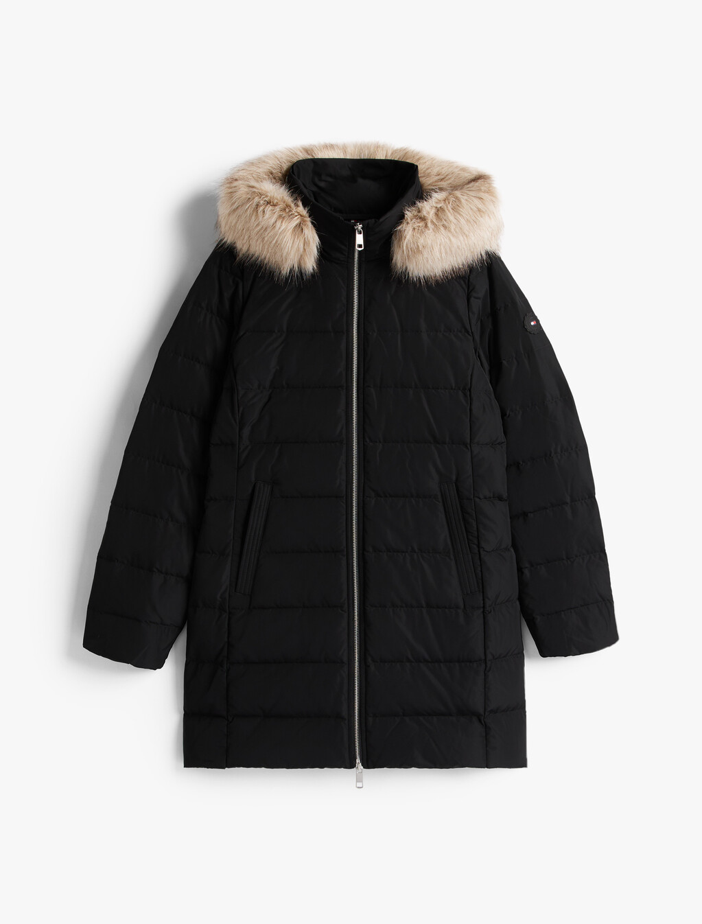 Faux Fur Hood Down Puffer Coat, Black, hi-res