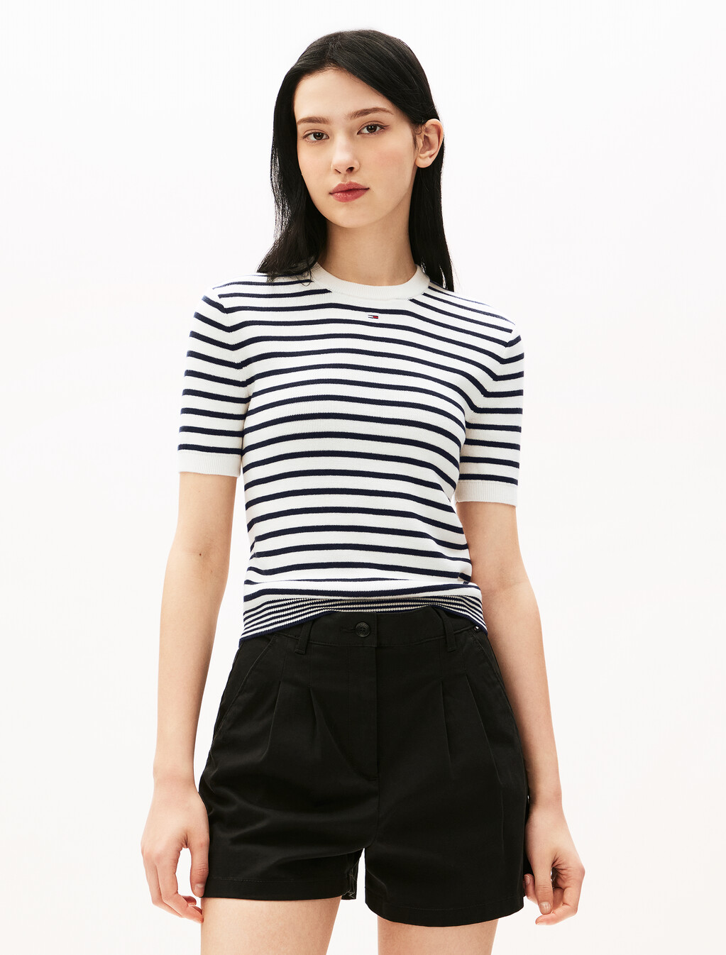 Essential Stripe Short Sleeve Sweater, White/Navy Stripe, hi-res