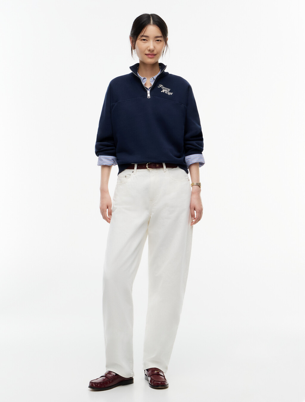 Logo Relaxed Terry Quarter-Zip Sweatshirt, Dark Blue, hi-res