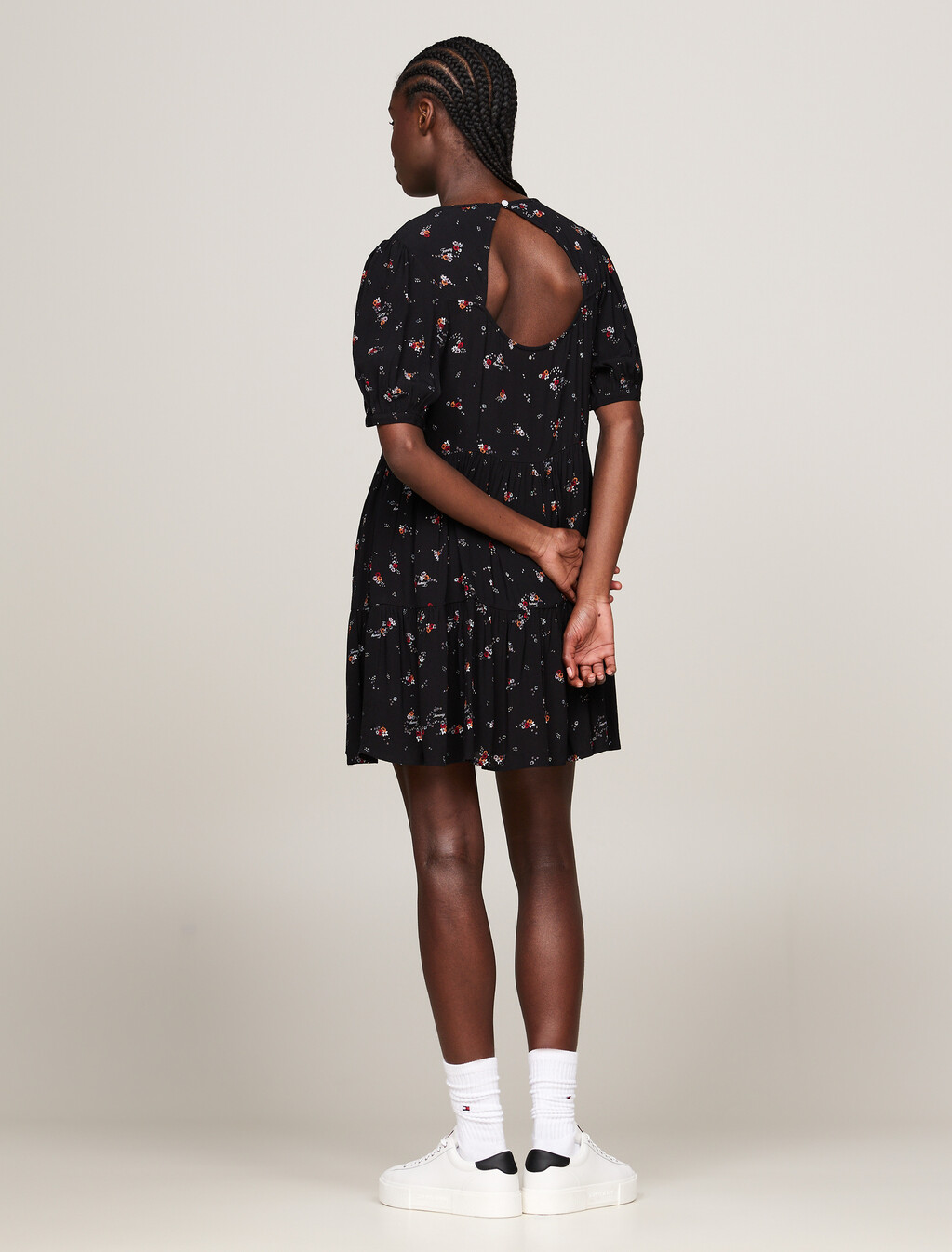Tiered Floral Print Knee Length Dress, Black Mountain Floral, hi-res