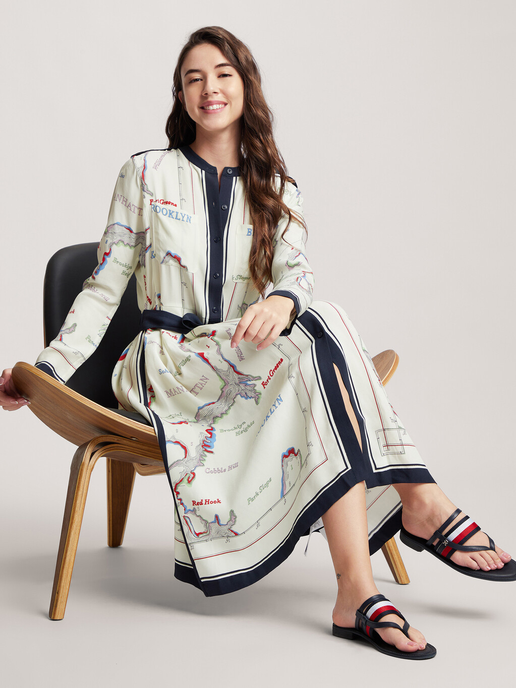 Atlas Scarf Print Midi Shirt Dress, Map Scarf/Ancient White, hi-res