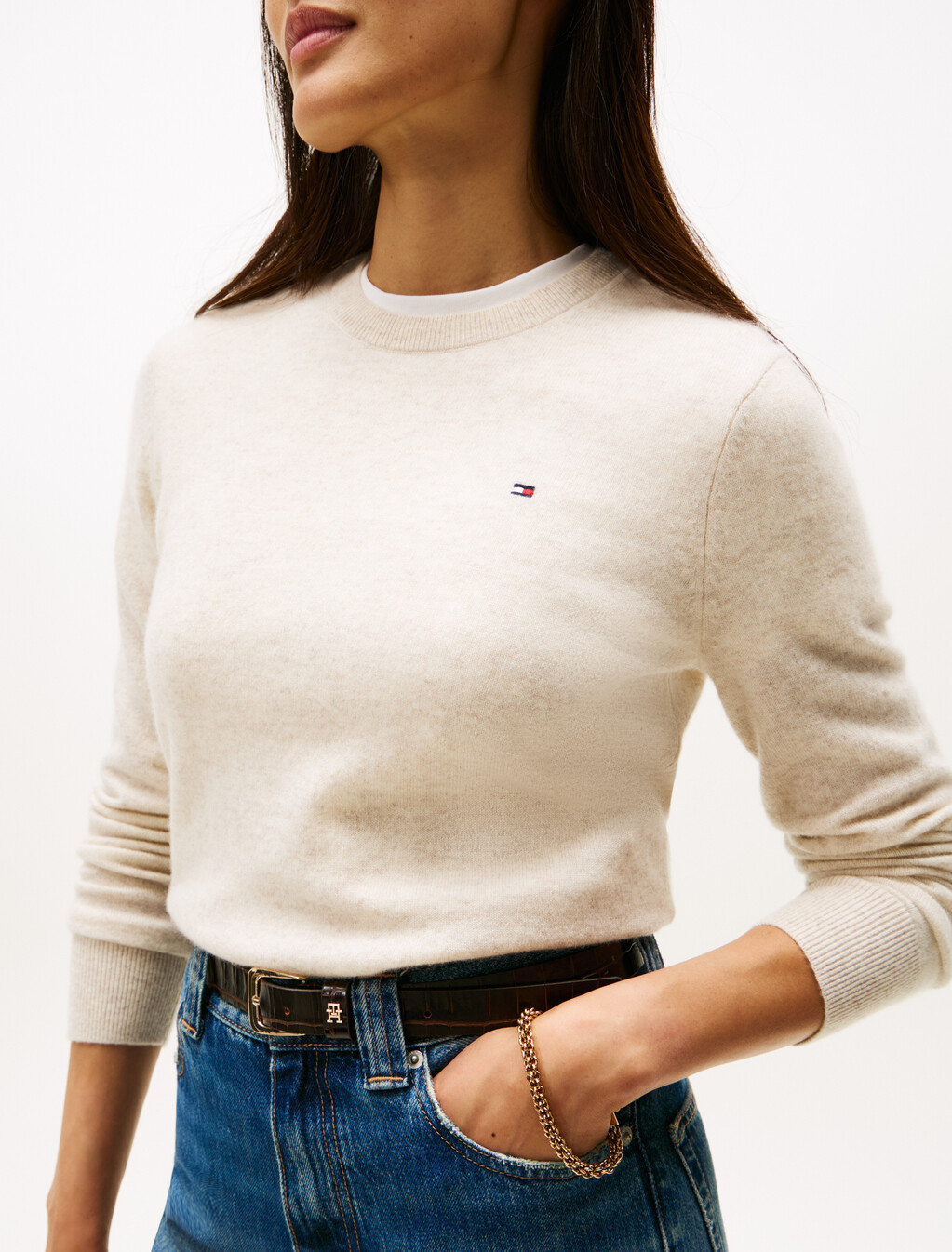 Cashmere Crewneck Sweater, Heather Oatmilk, hi-res