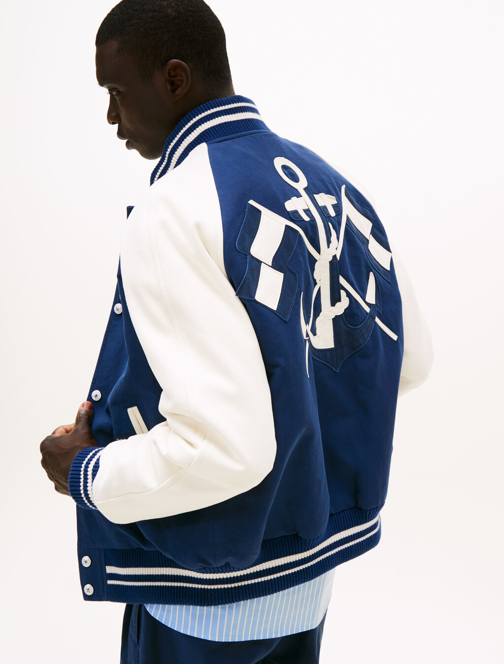 The Runway Collection Back Logo Varsity Jacket, Carbon Navy/Ecru, hi-res