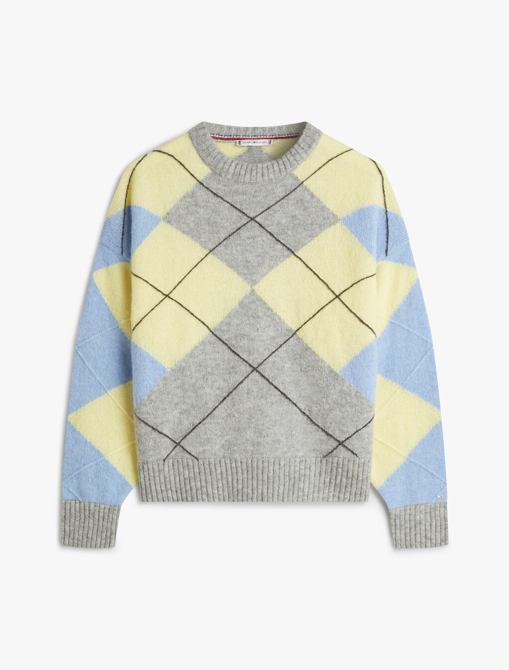 Argyle Oversized Alpaca Blend Jumper, Light Grey Htr/Yellow/Blue Argyle, hi-res