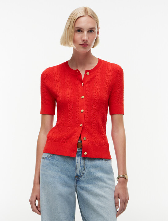 Pointelle Gold-Tone Button Short Sleeve Cardigan