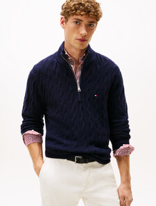 Pure Lambswool Cable Knit Quarter-Zip Jumper, Desert Sky, hi-res