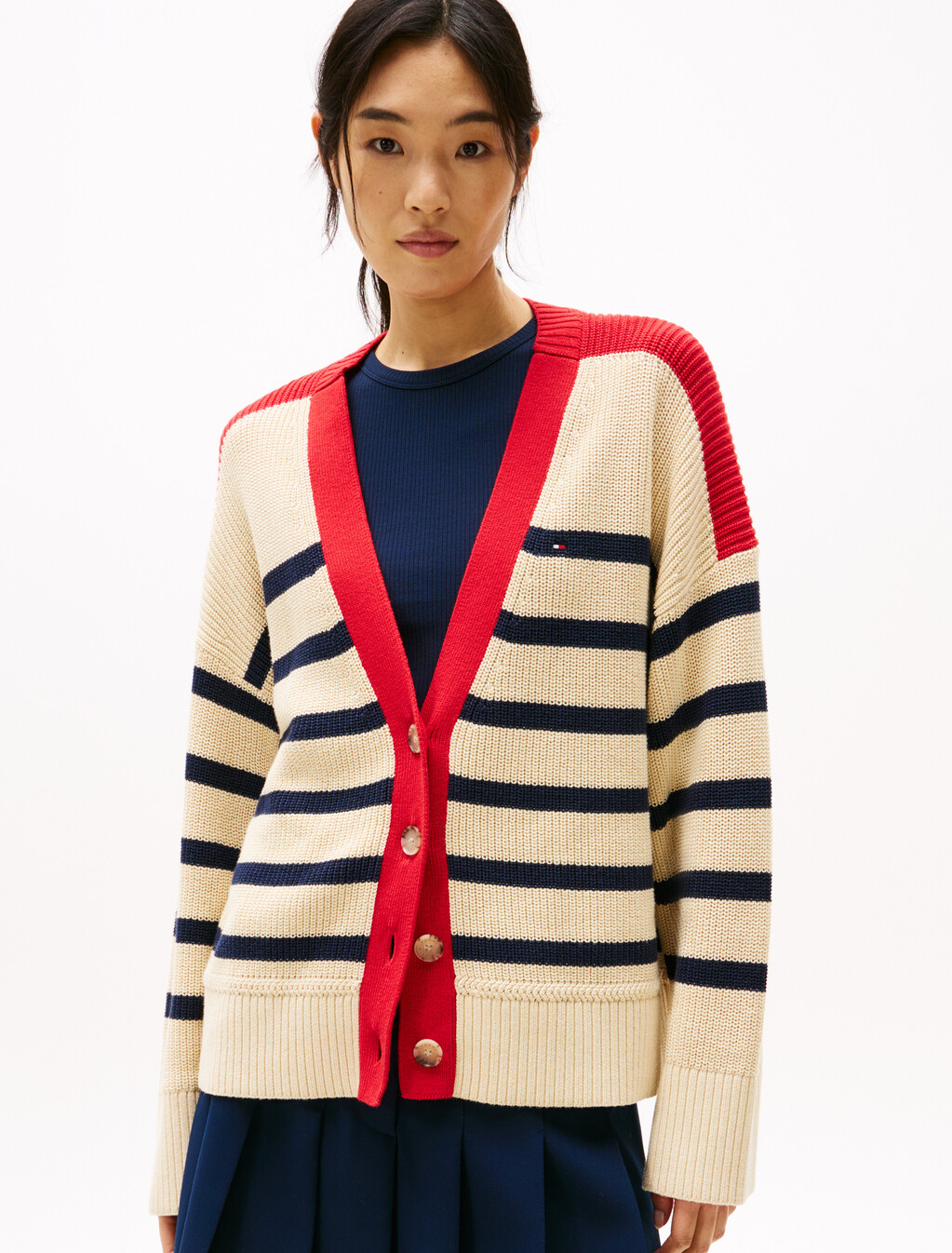 Relaxed V-Neck Cardigan, Dark Night Navy Stripe, hi-res