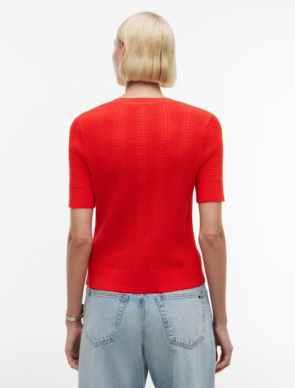 Pointelle Gold-Tone Button Short Sleeve Cardigan, Fire Red, hi-res