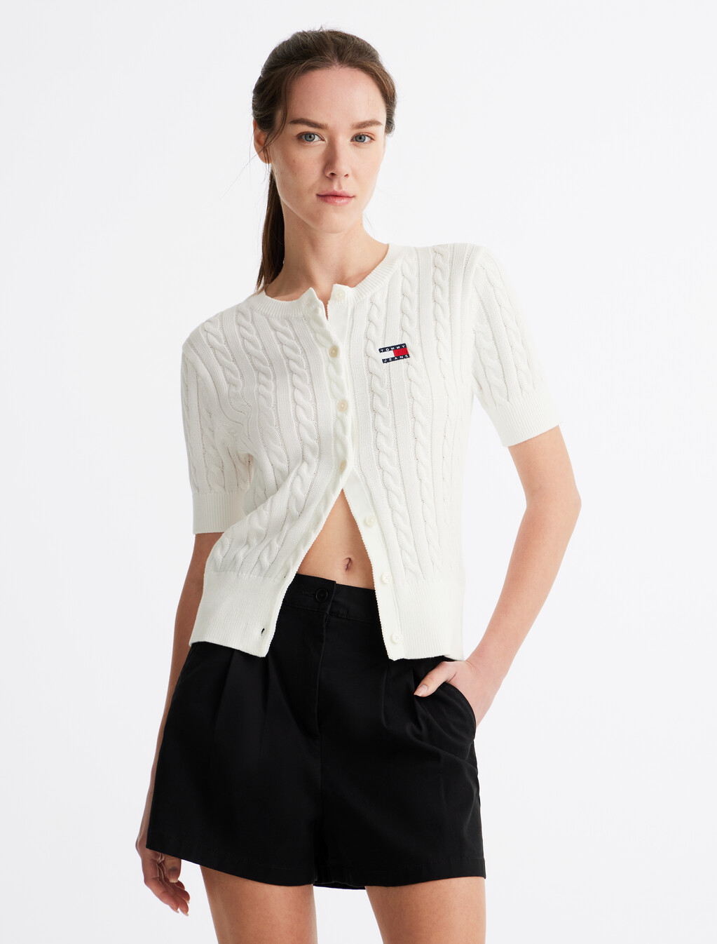 Cable Knit Short Sleeve Cardigan, Ecru, hi-res