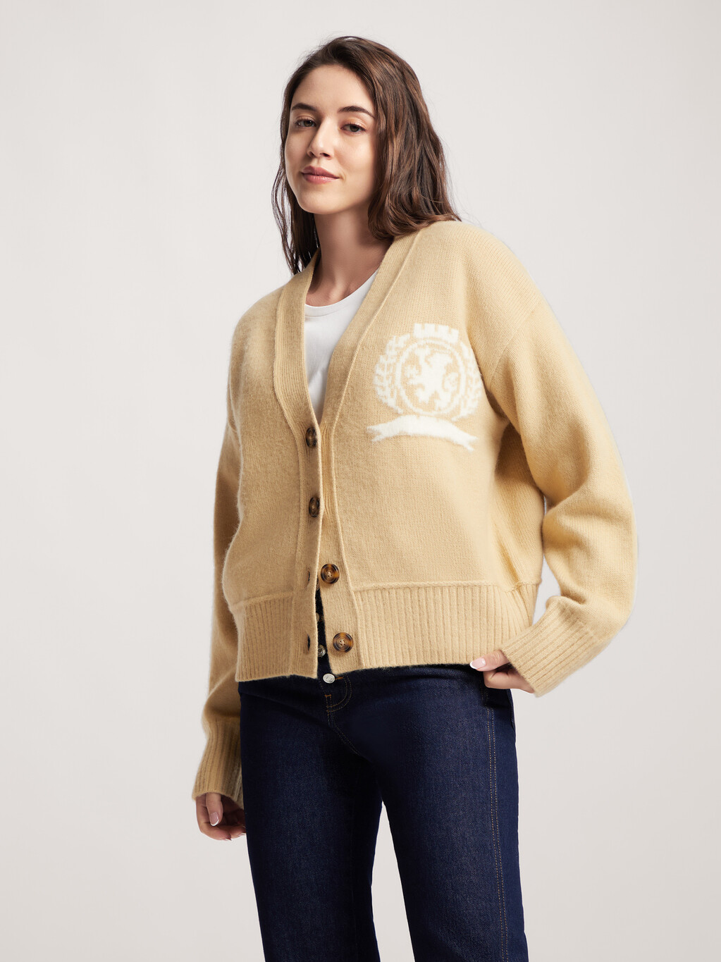 Crest Relaxed Letterman Wool Cardigan, natural