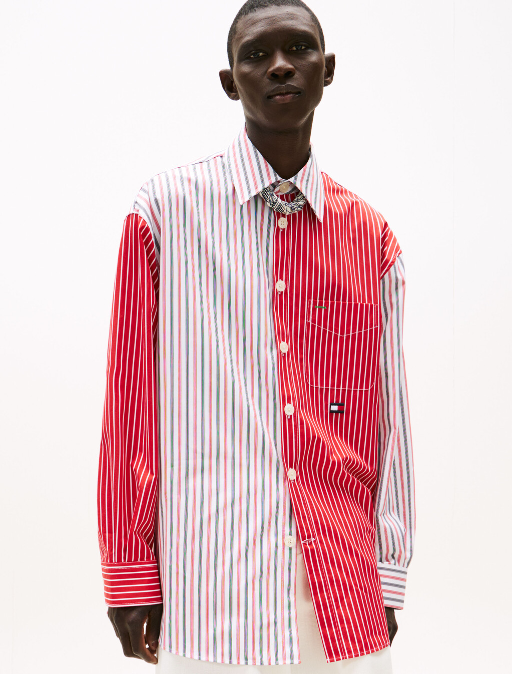 The Runway Collection Oversized Mixed Stripe Shirt, Fire Red, hi-res