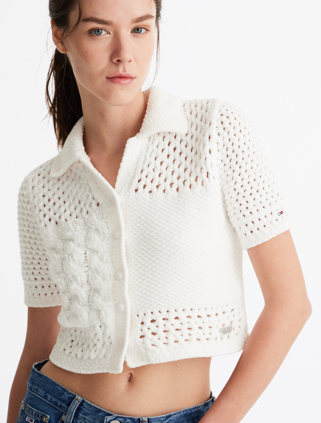 Perforated Camp Collar Cardigan, Ancient White, hi-res
