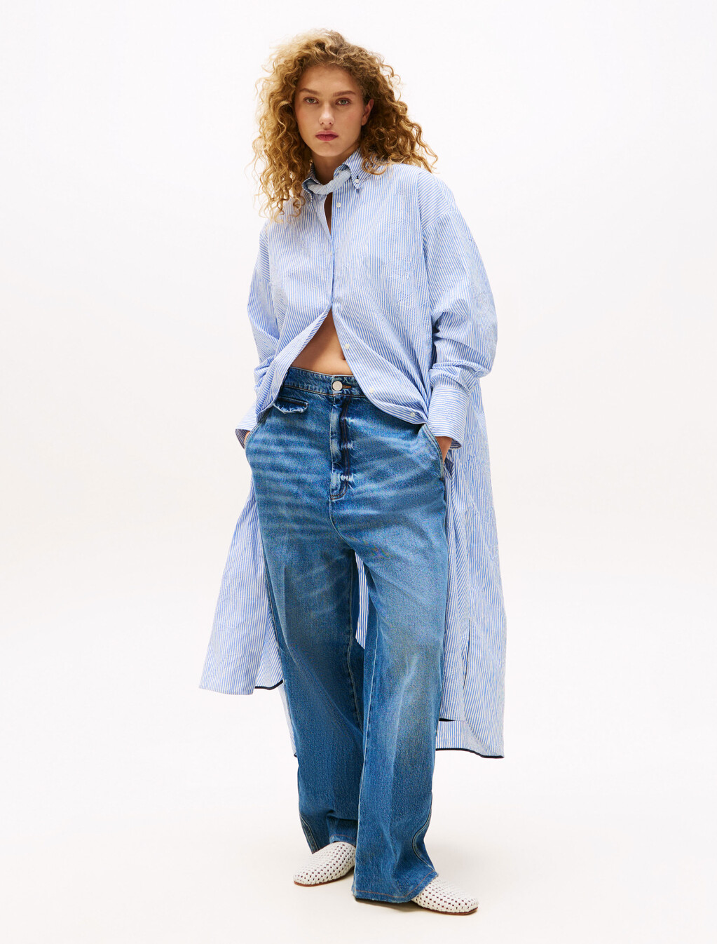The Runway Collection Long Oversized Shirt, Blue Stripe, hi-res