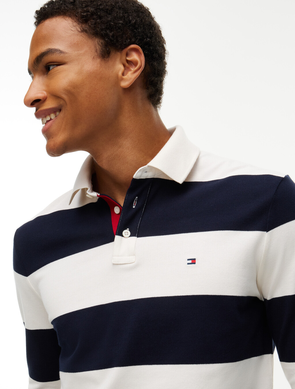 Rugby Stripe Long Sleeve Polo Shirt, Ivory Petal / Navy Blue, hi-res