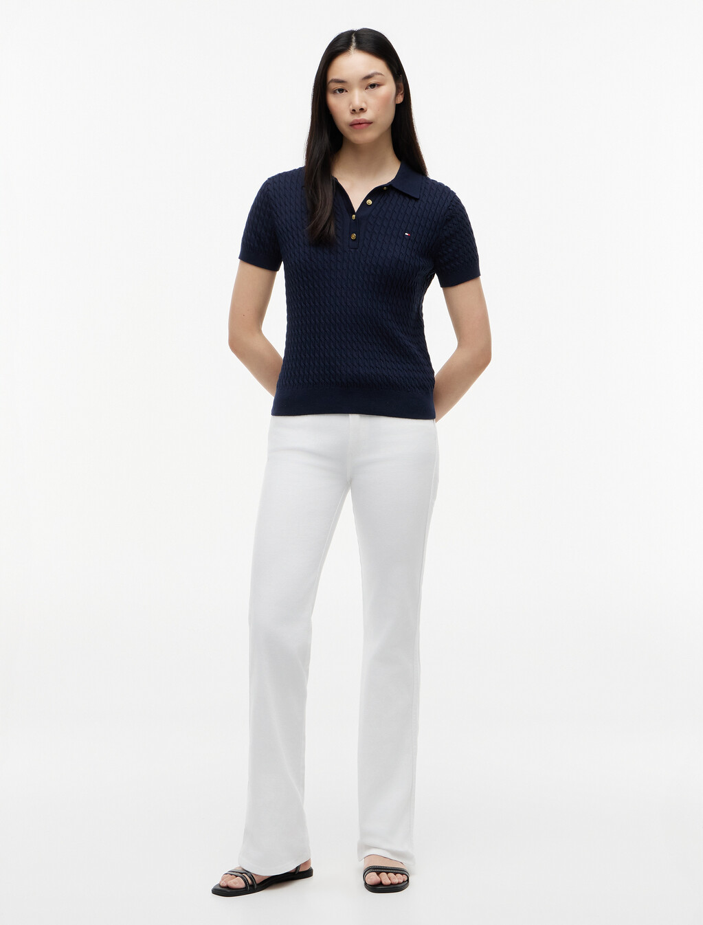 精細絞花針織 Polo 短袖毛衣, Dark Night Navy, hi-res