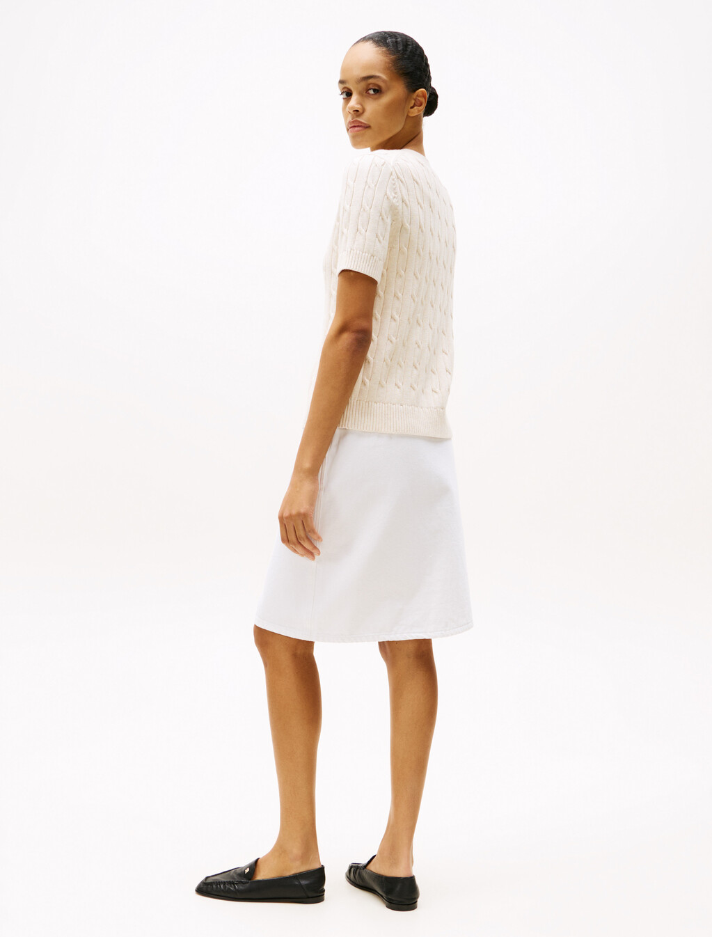 Cable Knit Short Sleeve Cardigan, Heather Ivory Petal, hi-res