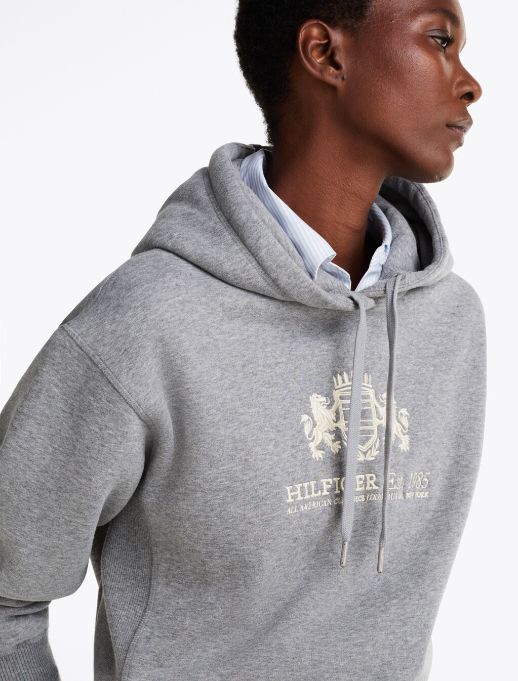 Logo Embroidery Drawstring Fleece Hoody, Mid Grey Heather, hi-res