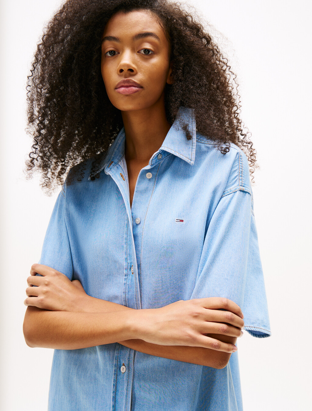 Mini Denim Short Sleeve Shirt Dress, Denim Light, hi-res