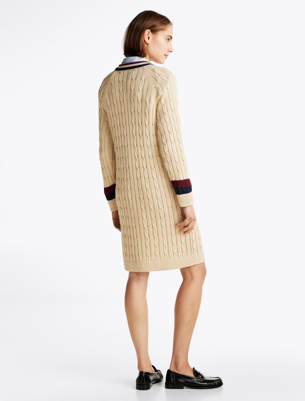 Varsity Cable Knit V Neck Sweater Dress, Country Ivory, hi-res