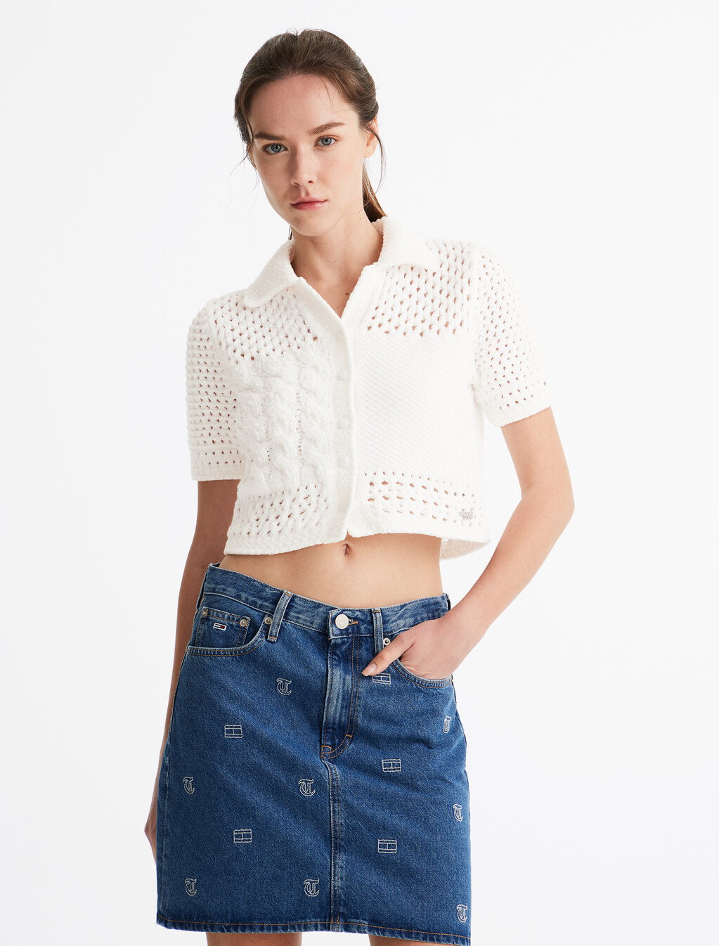 Perforated Camp Collar Cardigan, Ancient White, hi-res