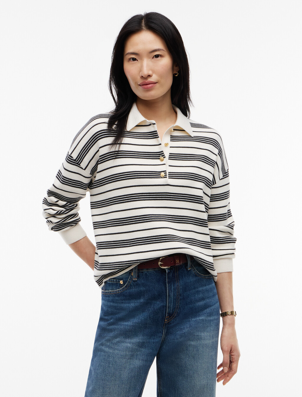 Premium Knit Gold-Tone Button Polo Jumper, Broken Stripe Ecru / Black, hi-res