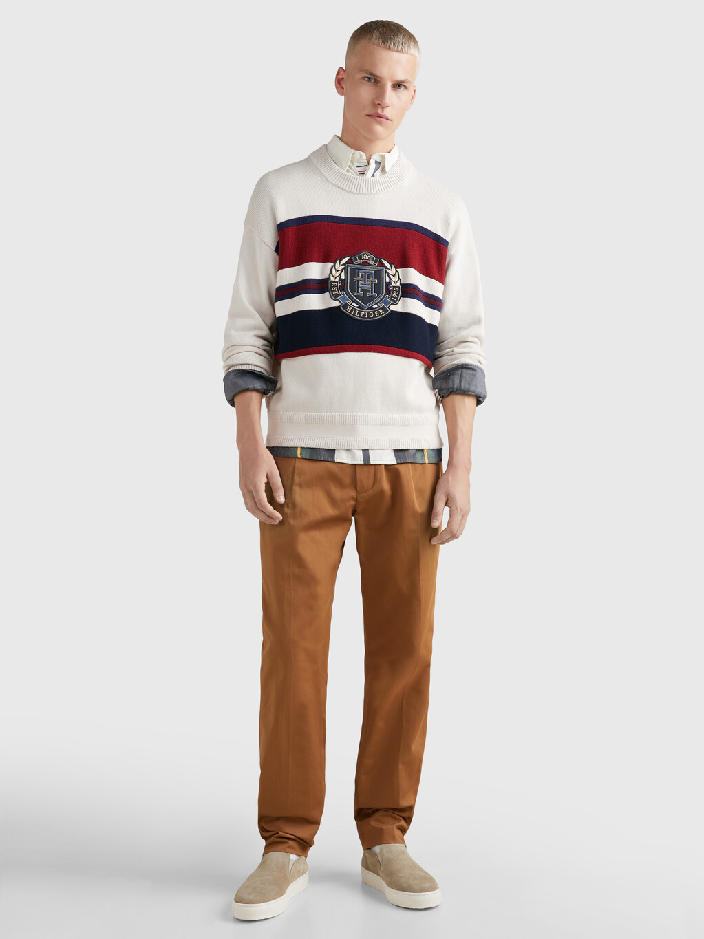 Stripe Crew Neck Relaxed Fit Jumper, Feather White, hi-res