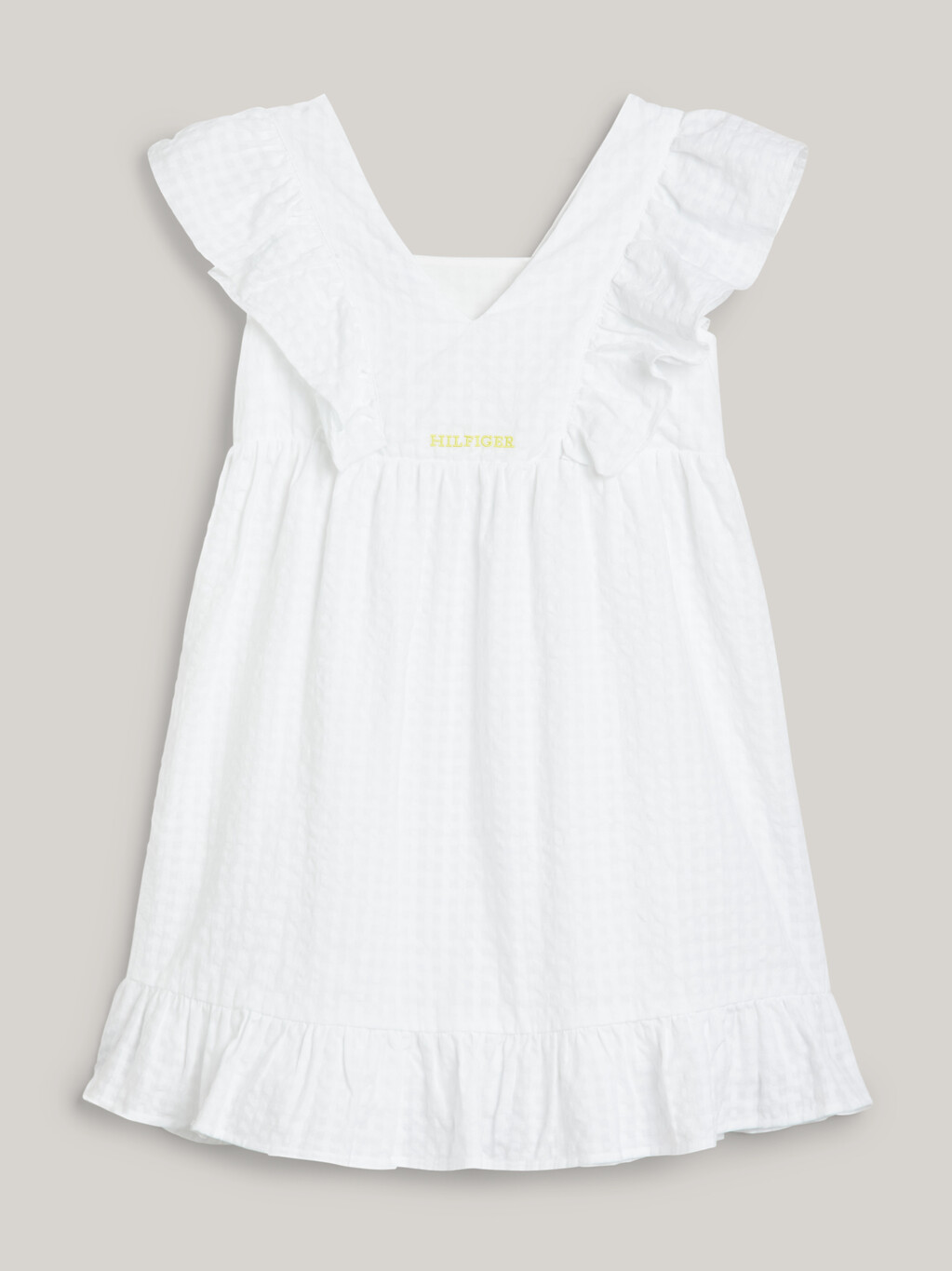 Seersucker Frill Fit and Flare Dress, White, hi-res
