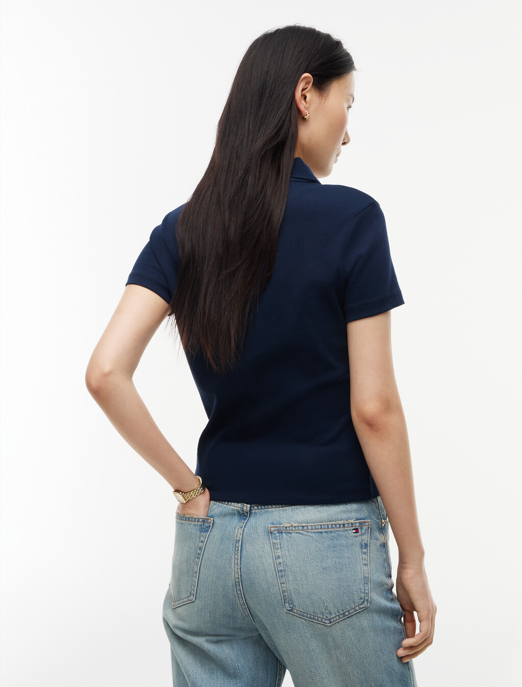 Slim Fit Gold-Tone Button Polo Shirt, Dark Blue, hi-res