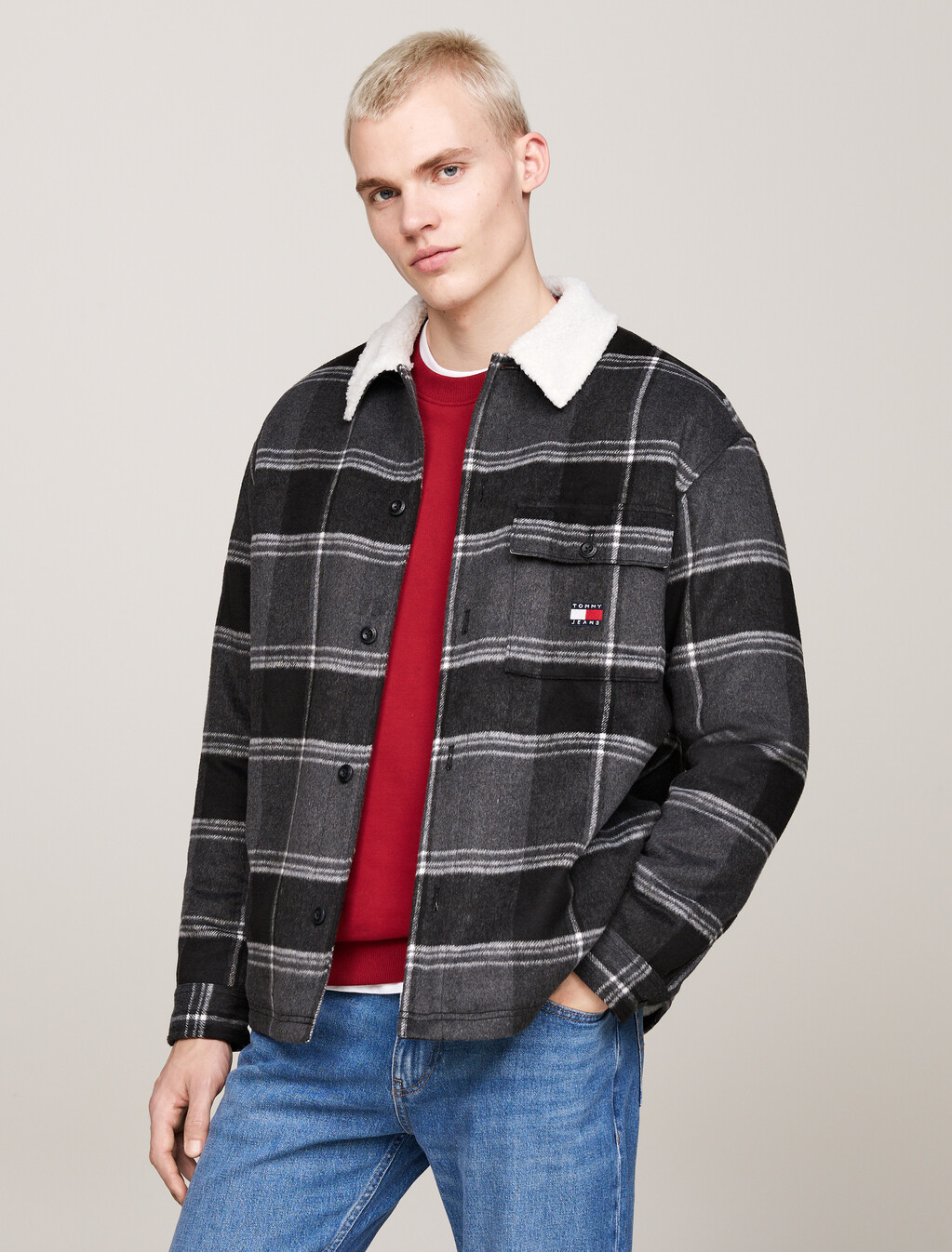 仿羔羊毛領格紋休閒外套, Black Check, hi-res