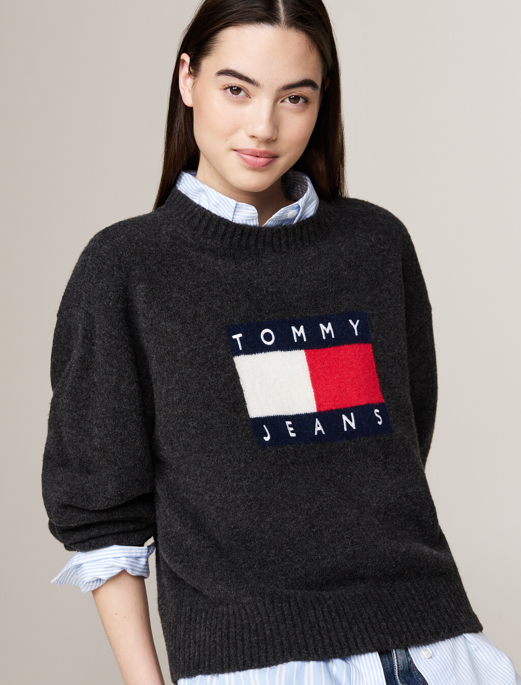 Mélange Relaxed Jumper with Wool, Black Melange, hi-res