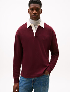 Varsity Contrast Collar Relaxed Rugby Shirt, Deep Burgundy, hi-res