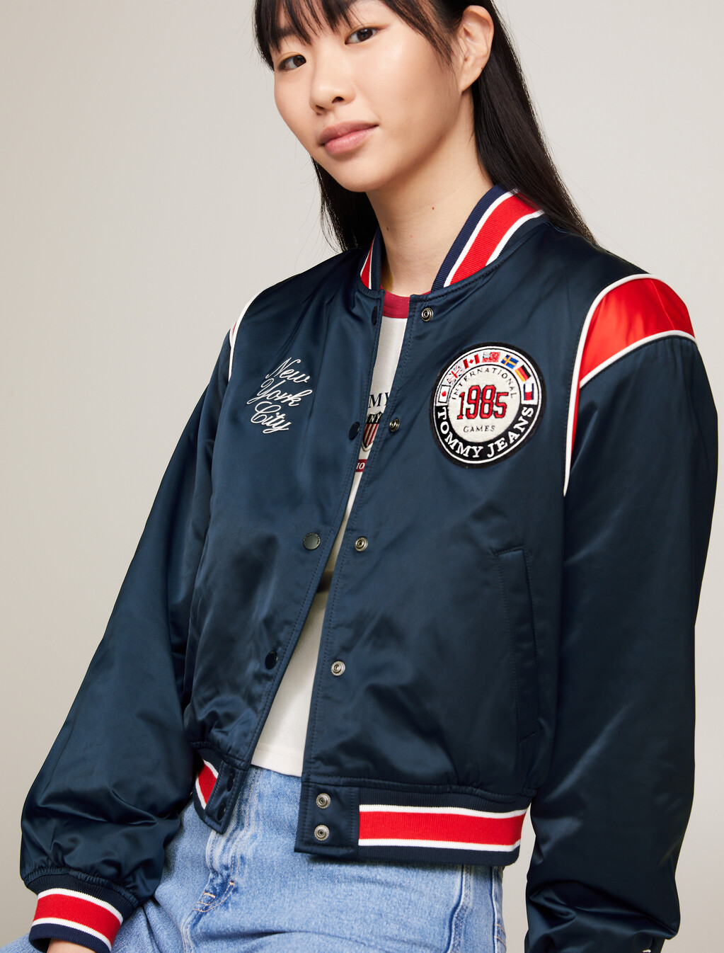 TJ x INTERNATIONAL GAMES Satin Bomber Jacket, Twilight Indigo, hi-res