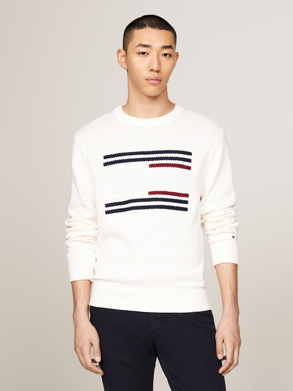 Cable Knit Stripe Flag Relaxed Jumper, Ancient White, hi-res