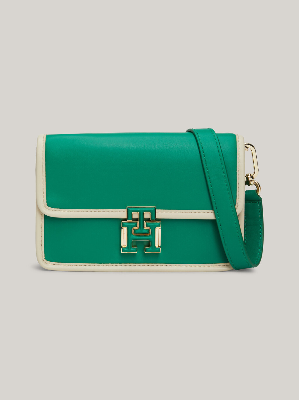 Push Lock Leather Crossover Bag, Olympic Green / Ecru, hi-res