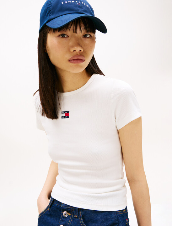 Slim Badge Ribbed T-Shirt, Ecru Slim Badge Ribbed T-Shirt