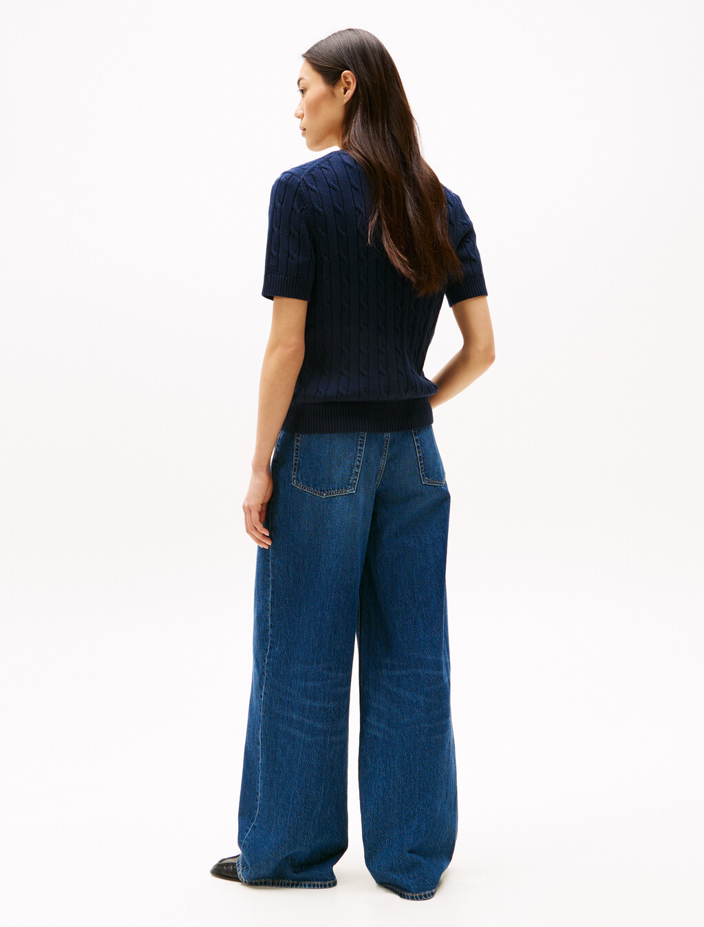 Cable Knit Short Sleeve Cardigan, Dark Night Navy, hi-res