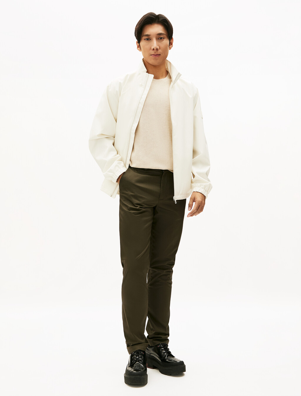 Cotton Satin Denton Woven Pants, Army Green, hi-res
