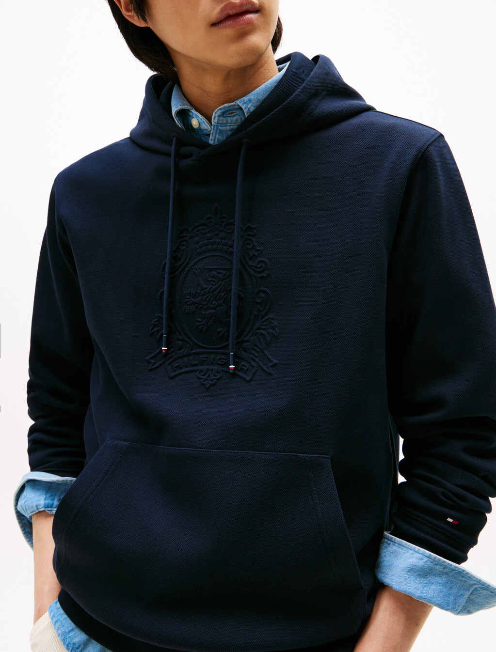 Embossed Crest Cotton Pique Hoodie, Desert Sky, hi-res