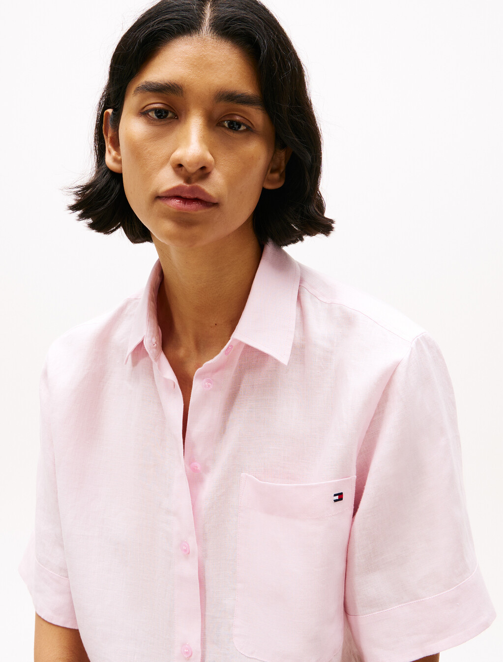 Relaxed Fit Short Sleeve Linen Shirt, Light Pink, hi-res